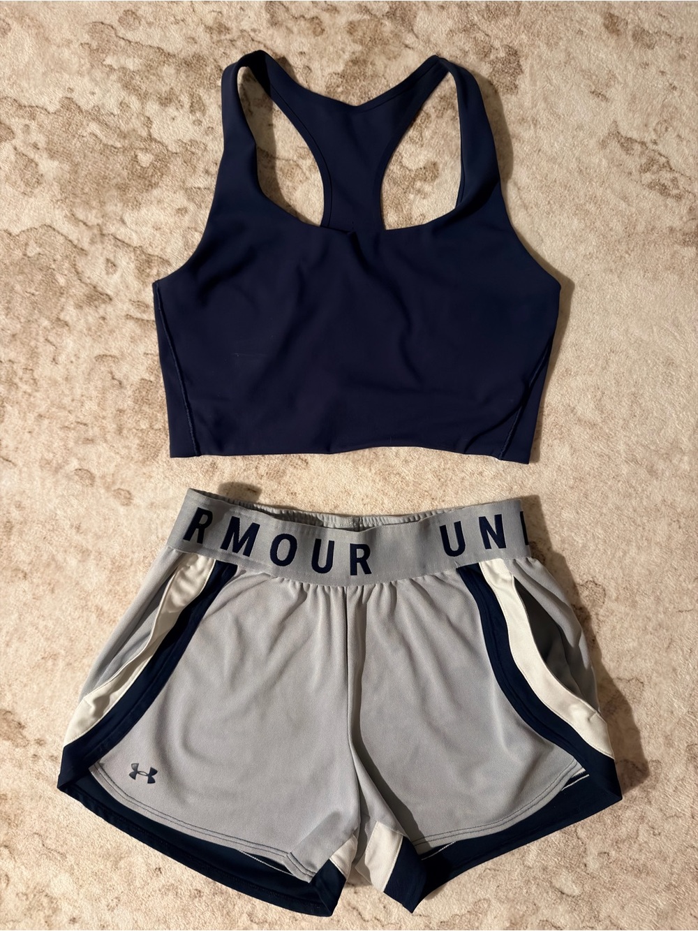 Under Armour Navy Sports Bra and Light Gray Shorts Active Set